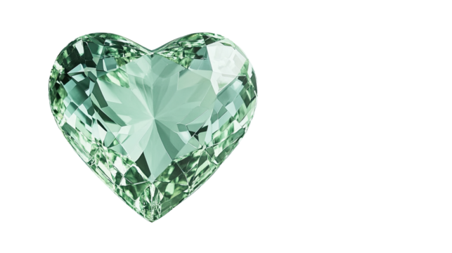 Green heart-shaped crystal gemstone with detailed facets isolated on white transparent background