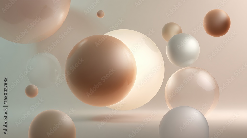 Poster abstract natural tone backdrop with floating spheres and soft glow