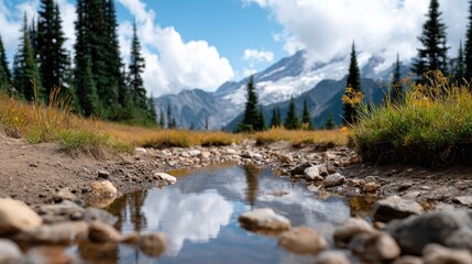 Fototapeta premium Snow-capped Mount is mirrored in a serene stream, framed by lush pine trees and grassy meadows on an overcast day