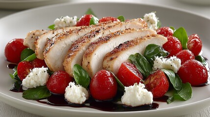 Delicious grilled chicken breast served over fresh salad with tomatoes, basil, and goat cheese, drizzled with balsamic glaze