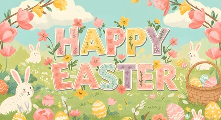 Fototapeta premium Happy Easter Spring Floral Illustration with Bunnies and Eggs