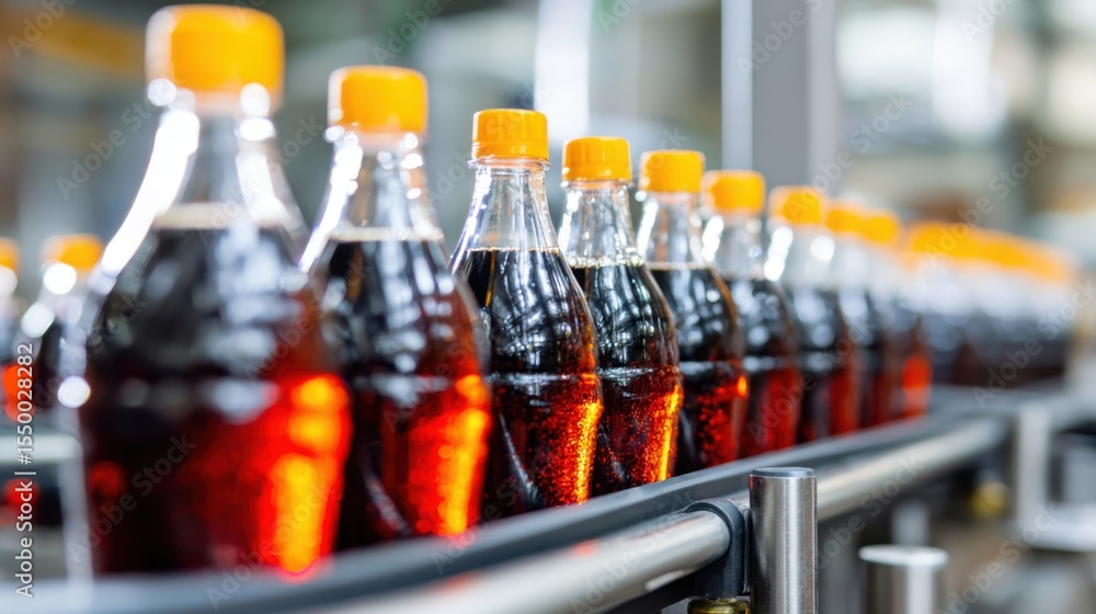 Poster multiple bottles filled with a dark beverage are neatly arranged on a conveyor belt in a manufacturi