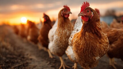 A group of chickens is seen wandering in a farm setting during sunset. The warm glow of the setting sun creates a picturesque backdrop, enhancing the rural atmosphere.