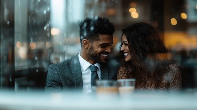 A couple enjoys a joyful moment together over coffee in a cozy setting, displaying deep affection and connection while rain creates a romantic backdrop. - Powered by Adobe