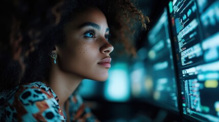 A contemplative woman with curly hair and reflective expression focuses on her work, analyzing complex data displayed on multiple computer screens in a tech environment.