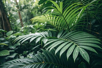 Lush green palm fronds and tropical foliage in a dense and verdant rainforest environment