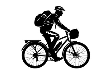 Obraz premium a black silhouette of a cyclist riding a bike with a backpack backpack, bicycle, bike, black, cyclist, helmet, man, ride, silhouette , Generative art.