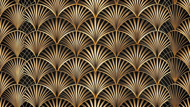 Fototapeta Luxurious art deco golden fan pattern seamlessly repeating on a black background