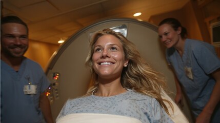 A smiling patient lies on a stretcher, preparing for a medical imaging procedure with two healthcare professionals attending. The atmosphere is calm and supportive, ensuring comfort.