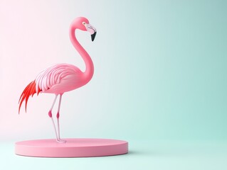 Fototapeta premium Pink flamingo on pastel podium