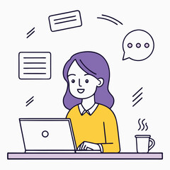 Smiling woman with purple hair works on a laptop and drinks coffee on white