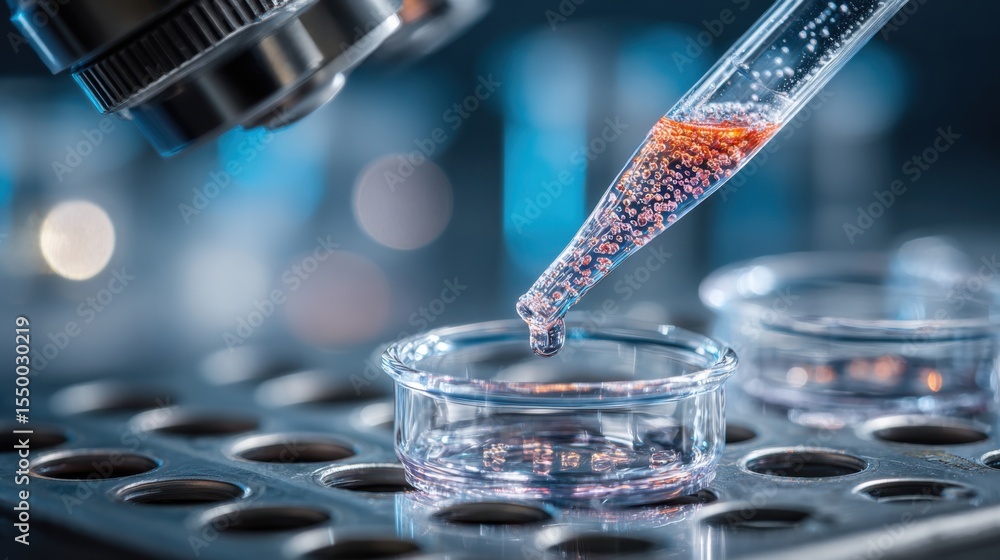 Poster a scientist conducts an experiment in a modern laboratory, using a microscope and pipette to precise
