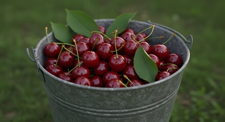 A zinc bucket filled with freshly picked cherries and green leaves