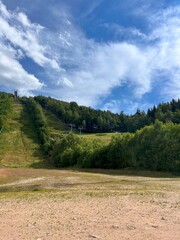 Green summer slopes of ski jumps in Harrachov, Czechia