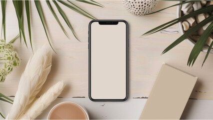 Instagram post mockup on smartphone screens, showing motivational coaching graphics in beige and navy theme, on wooden desk background.Illustarated with Ai.