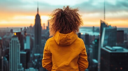 A woman with curly hair stands gazing at the skyline during sunset, representing contemplation, aspiration, and the beauty of urban life against a vibrant backdrop.