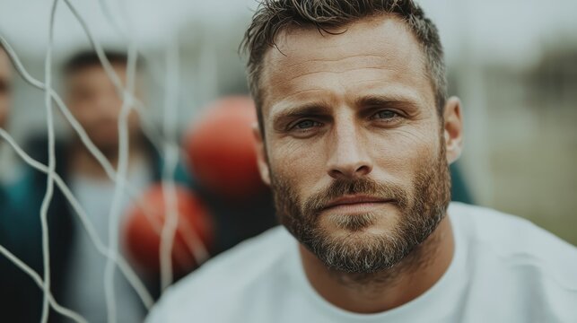 A determined athlete stares intensely from the forefront, poised in front of a soccer goal, embodying resilience, focus, and the competitive spirit of sports enthusiasts.
