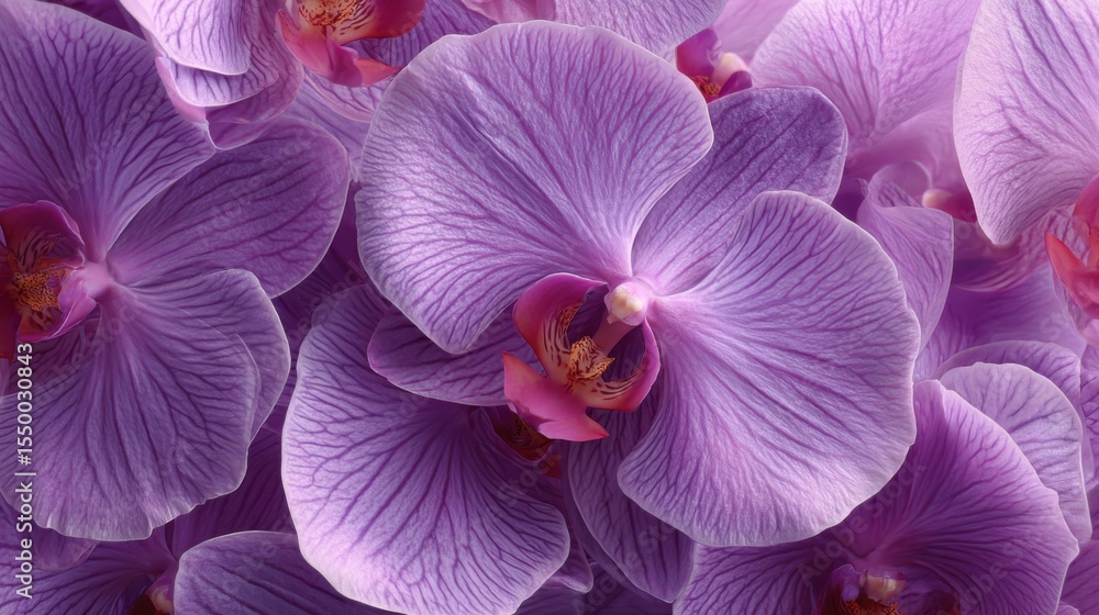 Poster a beautiful display of purple orchids fills the frame with their soft petals and striking patterns, 