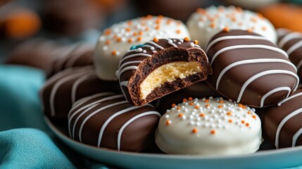 An assortment of beautifully crafted chocolate-covered delicacies are arranged elegantly, tempting anyone with their rich textures and delightful flavors in an inviting presentation.