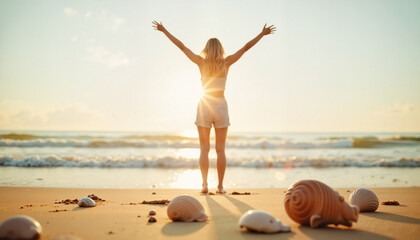 Young woman standing on beach with arms raised at sunset  