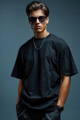 Naklejka premium Stylish man in a black t-shirt and sunglasses.