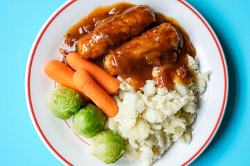  Classic Bangers And Mash With Carrots and Brussel Sprouts Vegetables