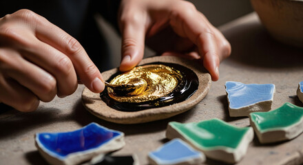 A close-up shot of an artist's hands mixing gold powder and lacquer to create a gleaming paste for the kintsugi repair process