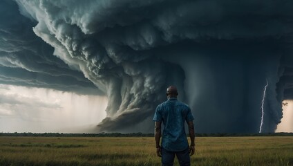An African man stands resolute against the backdrop of a swirling tornado, embodying strength and resilience amidst natures fury