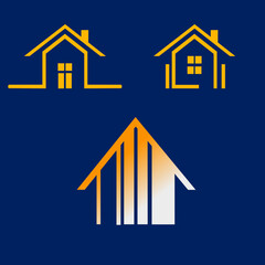 A sleek and minimalist vector logo featuring a golden yellow house with clean, sharp lines. The house is designed with a modern roof silhouette and geometric symmetry, symbolizing warmth, stability, a