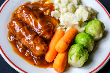  Classic Bangers And Mash With Carrots and Brussel Sprouts Vegetables