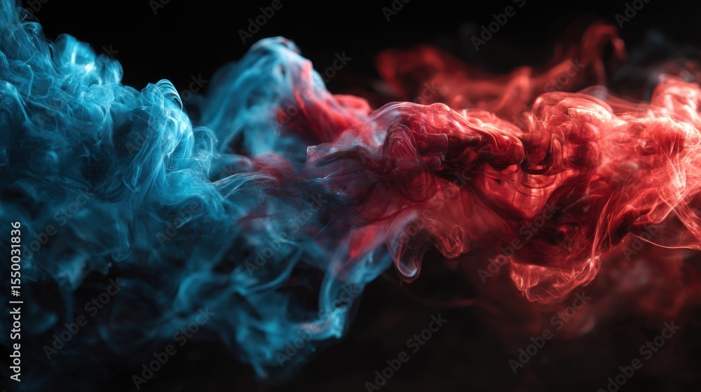 Poster vivid clouds of blue and red smoke intertwine against a dark background, creating an artistic and dy