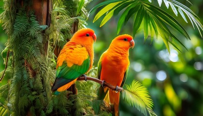 two vibrant orange and green birds perched on branches in a lush tropical forest