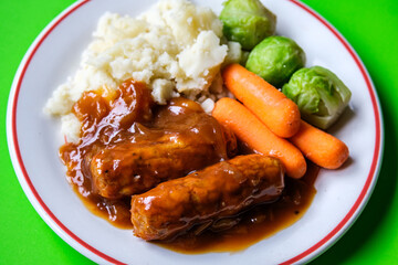  Classic Bangers And Mash With Carrots and Brussel Sprouts Vegetables