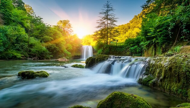 tranquil waterfall cascading into a pristine river at sunrise in a lush green forest - Powered by Adobe