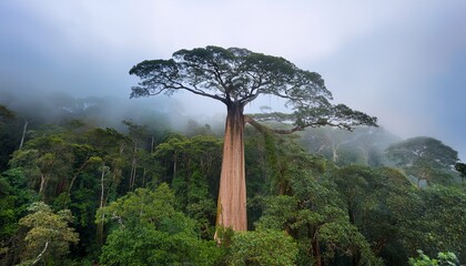towering samauma tree stands alone in dense rainforest fog rainforest giant