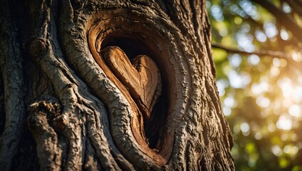 Gnarled Tree Trunk with Heart Shape Cutout. This captivating image features a gnarled tree trunk with a heart-shaped cutout, beautifully illuminated by warm sunlight. It s a unique representation of n