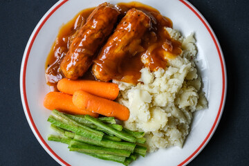 Classic Bangers And Mash With Carrots and Runner Beans