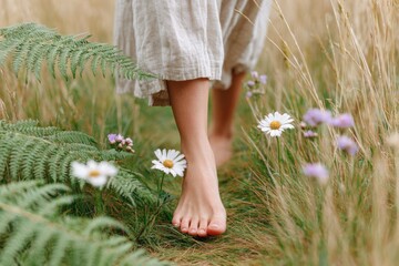 Woman walking barefoot in a field of daisies and ferns enjoying nature