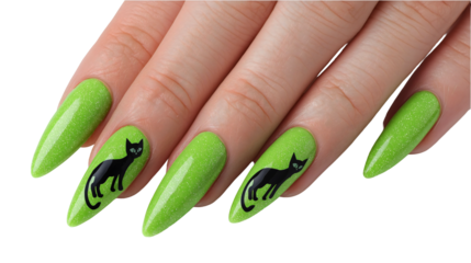 Halloween manicure lime green glitter nails with black cat silhouette, nail art design, long almond shaped fingernails, spooky seasonal beauty treatment, professional nail salon work.