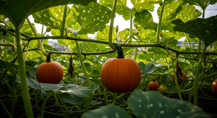 Growing Pumpkins On the Vine In the Autumn Season In Garden