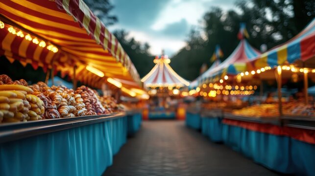 The lively atmosphere of a vibrant food festival showcases colorful market stalls under festive lights, inviting visitors to indulge in a variety of culinary delights and joy.