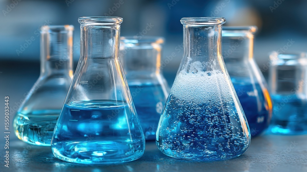 Poster various laboratory flasks filled with bright blue liquids bubble and react under controlled conditio