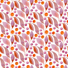 Watercolour Pink and Orange Foliage Seamless Pattern, Abstract Swirl Leaf and Berry Repeat, Soft Organic Botanical Fabric, Flowing Artistic Nature Design, Pastel Modern Print.