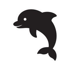 Fototapeta premium Cute black dolphin silhouette with a smiling face and visible eye. Perfect for kid friendly ocean themes, aquatic icons, marine wildlife, or playful sea illustrations.