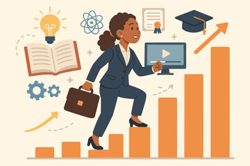 Career development and professional growth concept. Businesswoman climbs the ladder of success. Upskilling, gaining new knowledge, online training, education for new job qualifications.