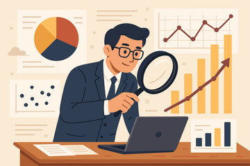 Fototapeta premium Business analyst examining financial data with magnifying glass. Concept of big data analysis, business analytics, market research, financial audit, and investment strategy. Cartoon vector.