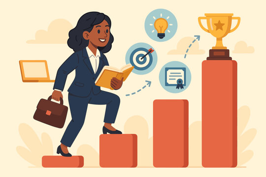 Ambitious businesswoman climbing career ladder steps for professional growth and success. Concept of gaining new skills, knowledge, and qualifications for job promotion and achievement.