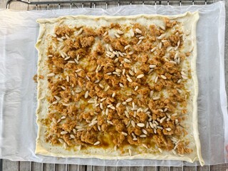 Coca de llardons ready to bake.