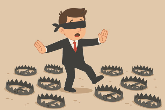 Blindfolded businessman navigating bear traps. Risk, danger, uncertainty, business challenge, decision making, leadership concept. Cartoon vector illustration, metaphor for pitfalls and obstacles