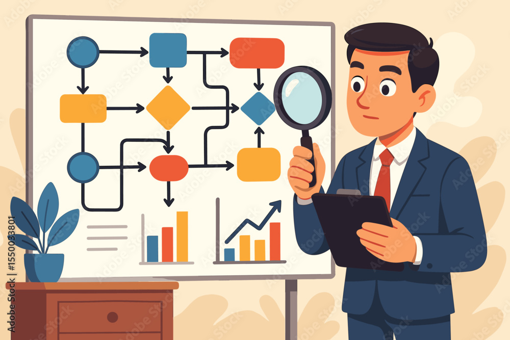 Poster business analyst inspecting complex flowchart, data analysis, process optimization, workflow managem